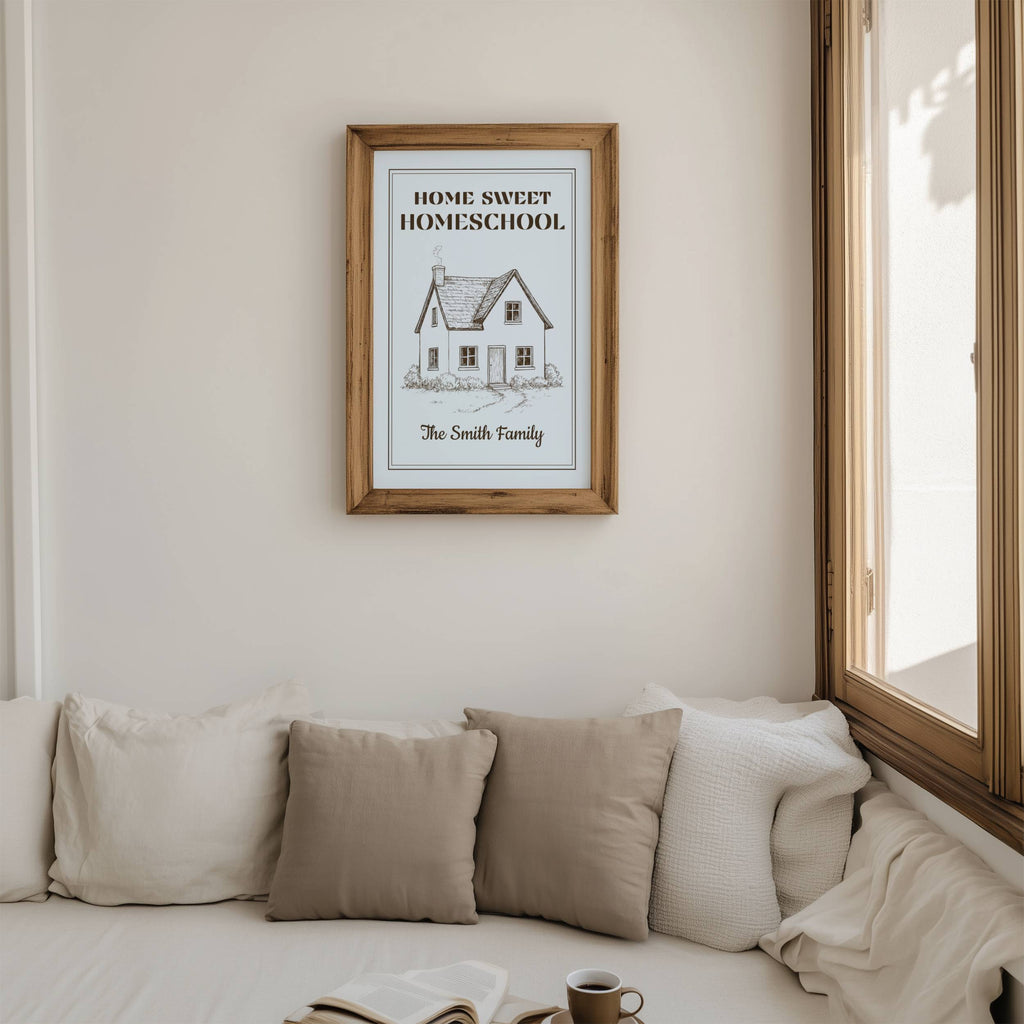 Home Sweet Homeschool Poster — Personalized Family Wall Art | Sky Blue Vintage Style Paper Wall Art for Homeschool Decor