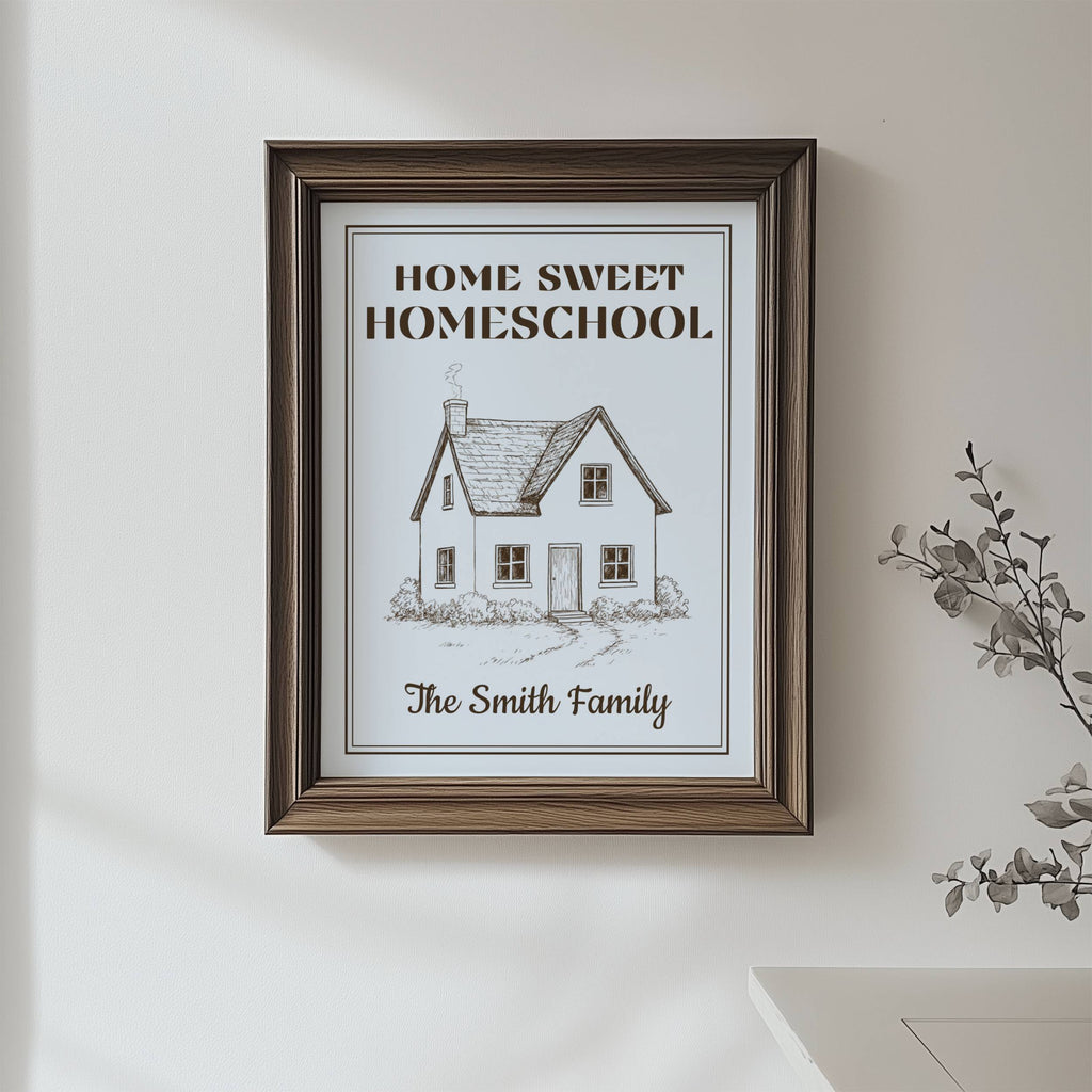 Home Sweet Homeschool Poster — Personalized Family Wall Art | Sky Blue Vintage Style Paper Wall Art for Homeschool Decor
