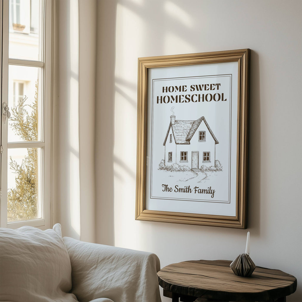 Home Sweet Homeschool Poster — Personalized Family Wall Art | Sky Blue Vintage Style Paper Wall Art for Homeschool Decor