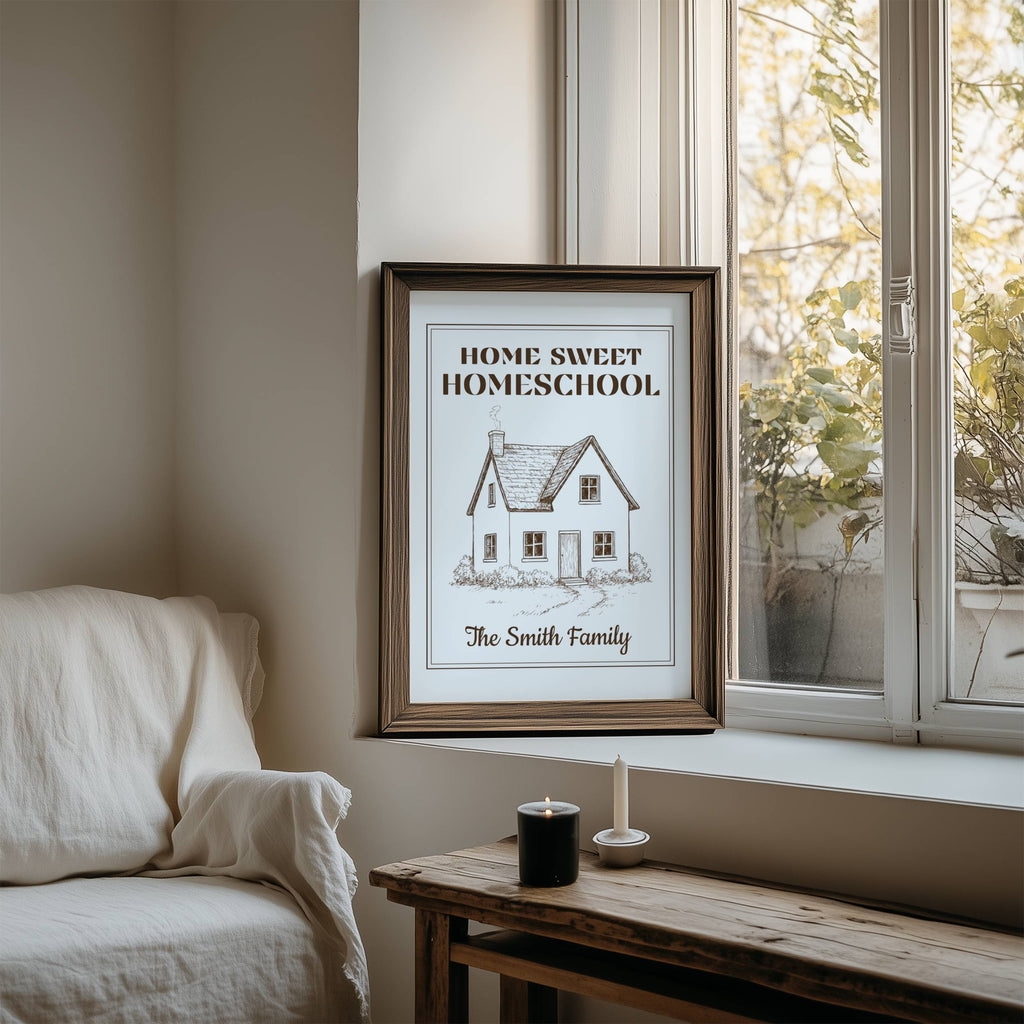 Home Sweet Homeschool Poster — Personalized Family Wall Art | Sky Blue Vintage Style Paper Wall Art for Homeschool Decor